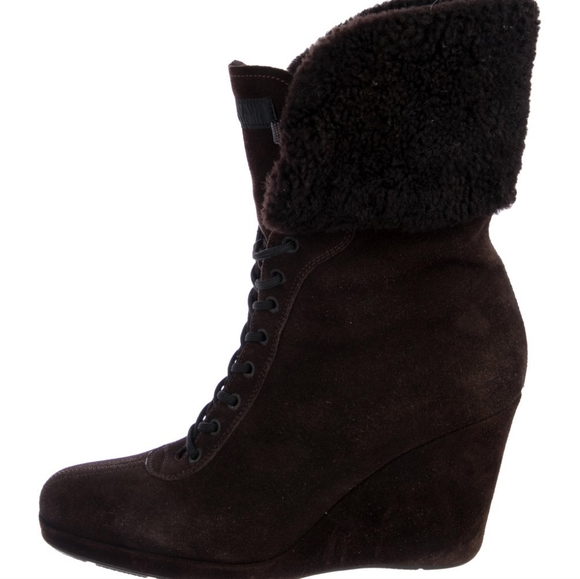 Prada Brown Shearling Lace-Up Wedge Boots Size: IT39 - Picture 4 of 5